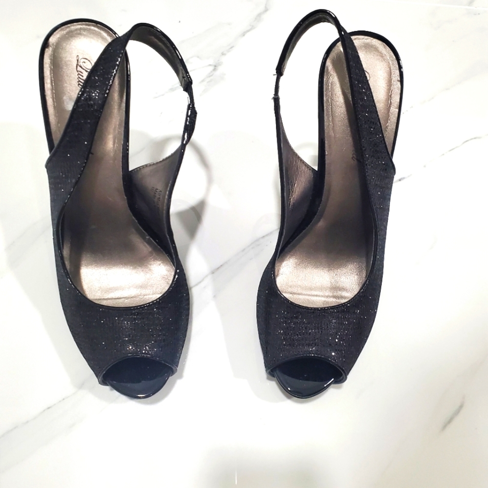Lulu Townsend women's size 10" black shimmer peep toe sling back 5" heels